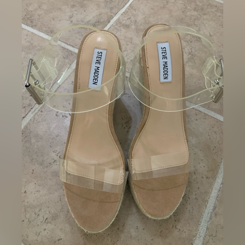 Steve madden espadrille heels with clear straps.